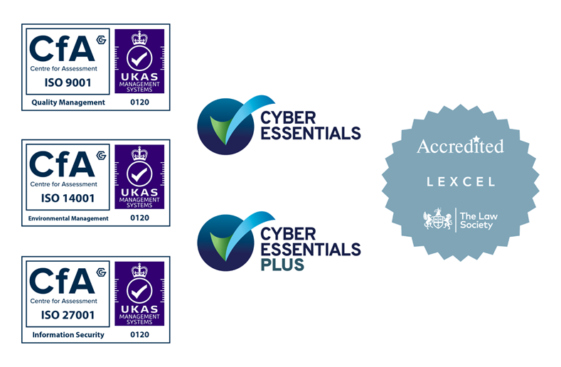 Hempsons accreditations: ISO 9001 Quality Management, ISO 14001 Environmental Management and ISO 27001 Information Security (CfA / UKAS), Cyber Essentials, Cyber Essentials Plus, and Lexcel Accredited by The Law Society